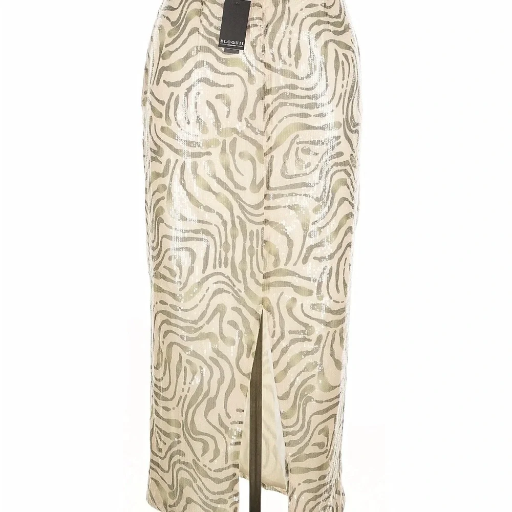 Eloquii NWT Sz 14 Zebra Patterned Sequined Maxi Skirt in Cream and Green - Picture 3 of 8